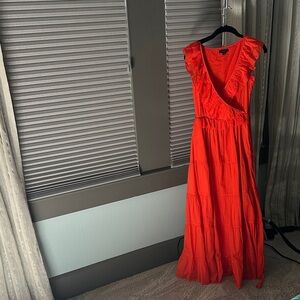 J. Crew Deep Orange V neck Maxi Dress with Ruffle Details